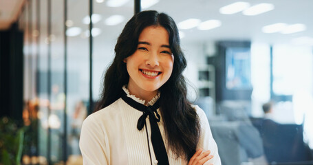 Japanese, business woman and portrait in office with pride, smile and confident as attorney at law....