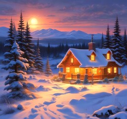 Fototapeta premium Illustration of glowing and decorative home with winter landscape.