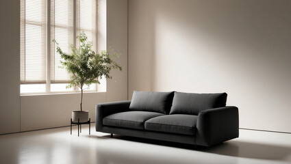 Sofa in a minimalist living room with indoor plant