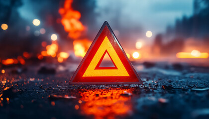 Warning sign on o road fire in background, emergency sign generated.AI