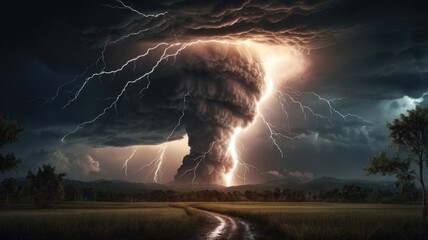 Dramatic and powerful tornado. Lightning thunderstorm flash over the night sky