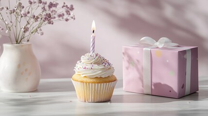 Delicious cupcake topped with frosting and a lit birthday candle next to a pink gift box, set against a soft lilac background with delicate flowers.