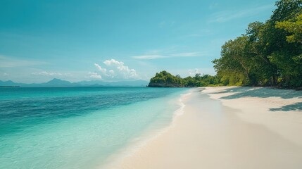 Tranquil white sand beach featuring gentle turquoise waves and a vibrant blue sky with soft clouds, surrounded by lush greenery.