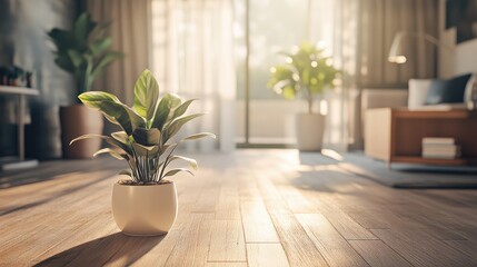Fototapeta premium Serene Indoor Scene with Natural Light Filtering Through Drapes, Highlighting Wooden Flooring and a White Potted Plant Amidst Plush DÃ©cor
