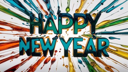 Colorful Happy New Year design with paint splatters surrounding bold typography, ideal for greeting cards and social media posts celebrating the New Year with flair.