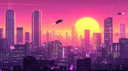 Fototapeta premium Cyberpunk Metropolis - Futuristic City Skyline with Neon Lights and Flying Cars at Sunset