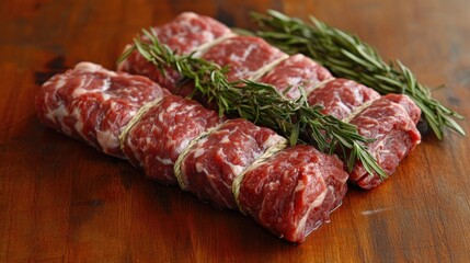 Fototapeta premium Raw chuck roll steaks arranged on a wooden surface, adorned with fresh sprigs of rosemary and thyme, showcasing rich marbling and textures in close-up detail.