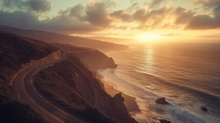 Winding coastal road hugging cliffs with breathtaking ocean views during a vibrant sunset, ideal for travel enthusiasts and road trip inspiration.