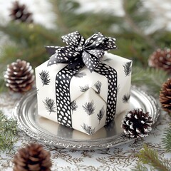Fototapeta premium A close-up of a beautifully wrapped Christmas gift featuring luxurious paper and an elegant bow, placed on a delicate silver plate surrounded by pinecones and seasonal greenery. The focus highlights