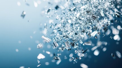 Silver glitter confetti sparkling against a soft blue background, enhancing a lively and festive ambiance with its cheerful shimmer.