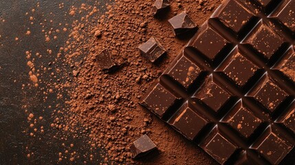Rich dark chocolate texture with cocoa powder dust, showcasing a rustic background and scattered chocolate pieces in deep brown hues.