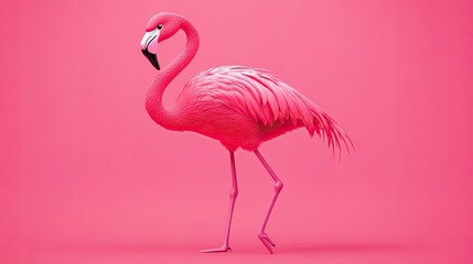 Fototapeta premium Charming pink cartoon flamingo with exaggerated features, standing on one leg in a whimsical style