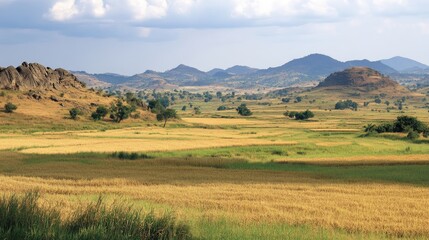 Fototapeta premium Expansive landscape showcasing golden rice fields in the foreground, gently rolling hills, sparse trees, and a dramatic overcast sky.