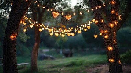 Twinkling heart-shaped lights and glowing garlands hang between trees, casting a cozy and enchanting atmosphere in a natural setting.