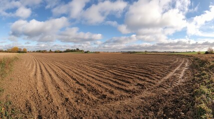 Barren autumn field with ridges and furrows showcased in a high-resolution panoramic view under a bright sky with fluffy clouds.