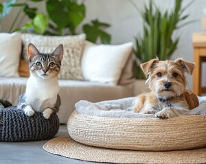 Cats and dogs relaxing in cozy pet beds.