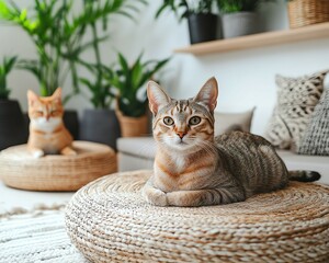 Cozy Cats Relaxing in a Bohemian Styled Living Room ,Two cats relaxing in a cozy indoor setting ,Bohemian Cat Decor Photography ,Cats in Modern Bohemian Home