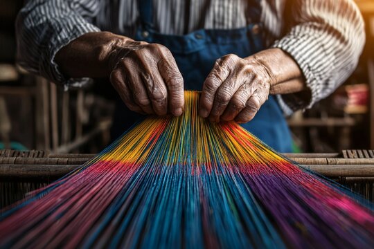 Handmade fabric loom, artisan weaving colorful patterns, focus on tradition, skill, and natural materials