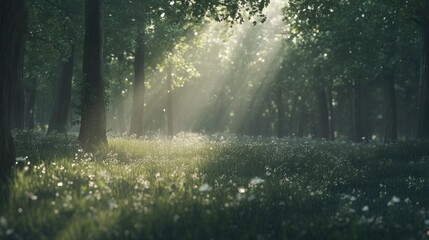 Obraz premium Sunlight streams through lush green trees in a tranquil forest clearing, illuminating dew-covered grass and creating a peaceful, serene atmosphere at dawn.