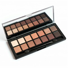 open eyeshadow palette with brush on white background neutral brown makeup tones  isolated beauty product stock photo
