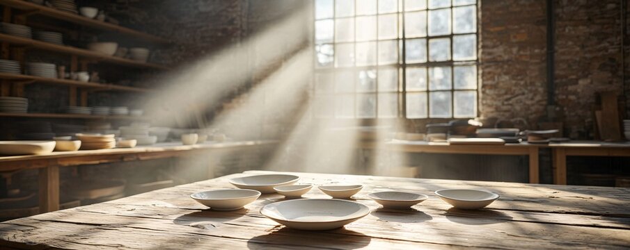 Handmade ceramics drying, rustic studio, warm sunlight, earthy tones, and artistic focus on process