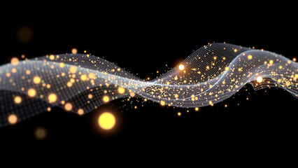 Dynamic wave of glowing particles creating an abstract representation of movement in a dark space