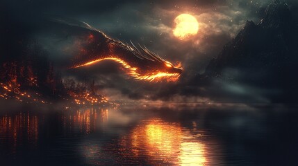 Enchanted Dragon Soaring Over Moonlit Lake in Fantasy Art Style