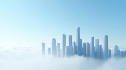 An ethereal skyline emerges from clouds under a clear blue sky showcasing modern architecture and serenity