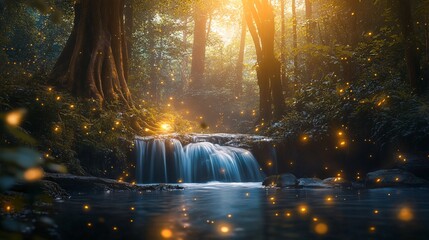 Enchanted Forest: Majestic Trees, Glowing Fireflies & Serene Waterfall in Fantasy Art Style with Soft Lighting