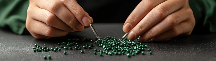 Handmade jewelry delicate work, artisan adding the final touches to a necklace, vibrant gems and tools