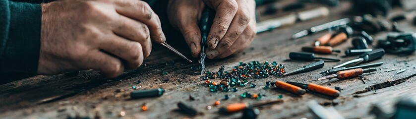 Handmade jewelry delicate work, artisan adding the final touches to a necklace, vibrant gems and tools