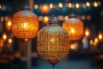 Warm Lanterns with Intricate Designs in Moody Light