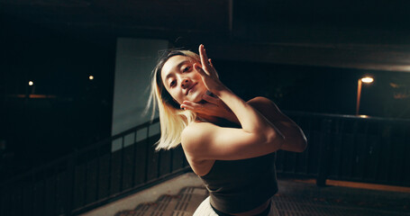 Female person, outdoor and portrait for dance at night for practice, training and choreography....
