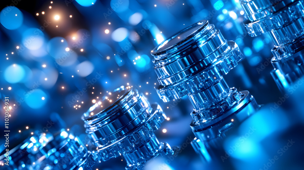 Poster a visually striking image featuring metallic components illuminated by blue lights, creating a futur