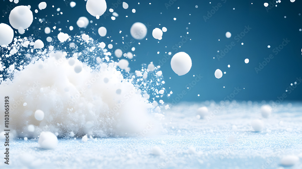 Poster A dynamic scene featuring splashes of white powder and floating spheres against a blue backdrop, creating a sense of motion and texture