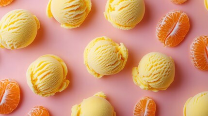Yellow ice cream scoops arranged on a pink background, complemented by fresh tangerine segments for a vibrant and summery presentation.