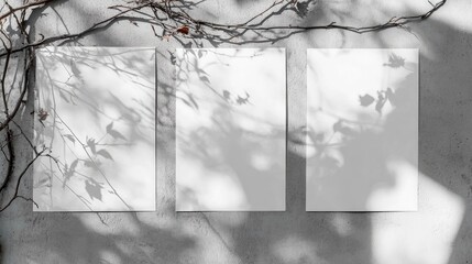 Three blank vertical poster mockups displaying gentle tree leaf and branch shadows on a light grey concrete wall in a flat lay top view.