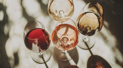 Elegant wine glasses filled with red and white wines cast shadows in sunlight, arranged in a flat lay perfect for wine tasting themes with ample copy space.