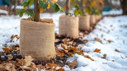 Young tree trunks wrapped in burlap for winter protection surrounded by a mix of fallen leaves and snow showcasing plant winterization techniques