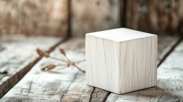 White wooden cube calendar on rustic wooden surface adorned with dried flowers, evoking a spring vibe with ample space for text or messages.