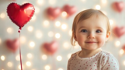 Valentine's Day backdrop with heart-shaped balloons and soft bokeh, featuring a smiling baby girl in a cozy outfit against a romantic setting.