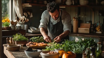 A chef carefully prepares a selection of vibrant herbs and vegetables on a rustic kitchen table. The atmosphere is warm and inviting, reflecting late afternoon sunlight