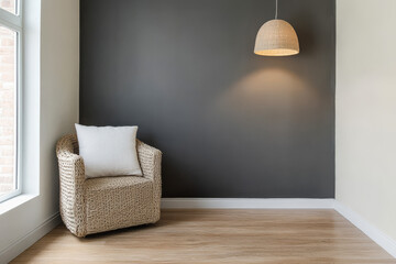 Cozy room corner with minimal furniture, a hanging lamp and daytime lighting