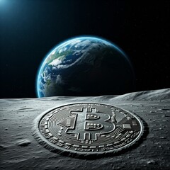 bitcoin cryptocurrency symbol on moon surface with earth in the background