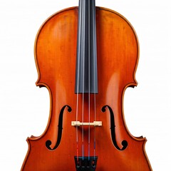 close up of a wooden cello with a natural orange stain on a white background