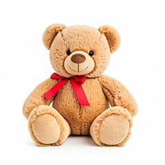 Fototapeta premium cute brown teddy bear plush toy with red bow sitting isolated on white background