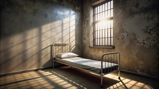 Empty prison cell with sunlight streaming through bars
