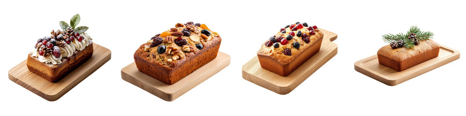 Fruitcake on a wooden tray, isolated on white background. Collection PNG.
