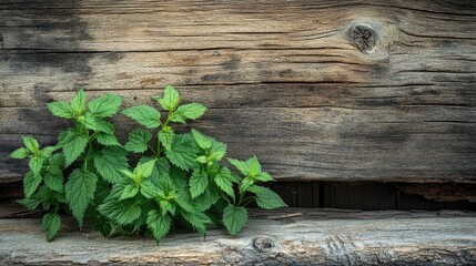 Lush green nettle flourishes next to a rustic, weathered log, showcasing vibrant leaves against a textured wooden backdrop in nature.