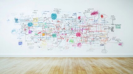 A vibrant wall covered with colorful diagrams and mind maps. The intricate designs highlight creative thought processes. An exploration of ideas and connections. Generative AI
